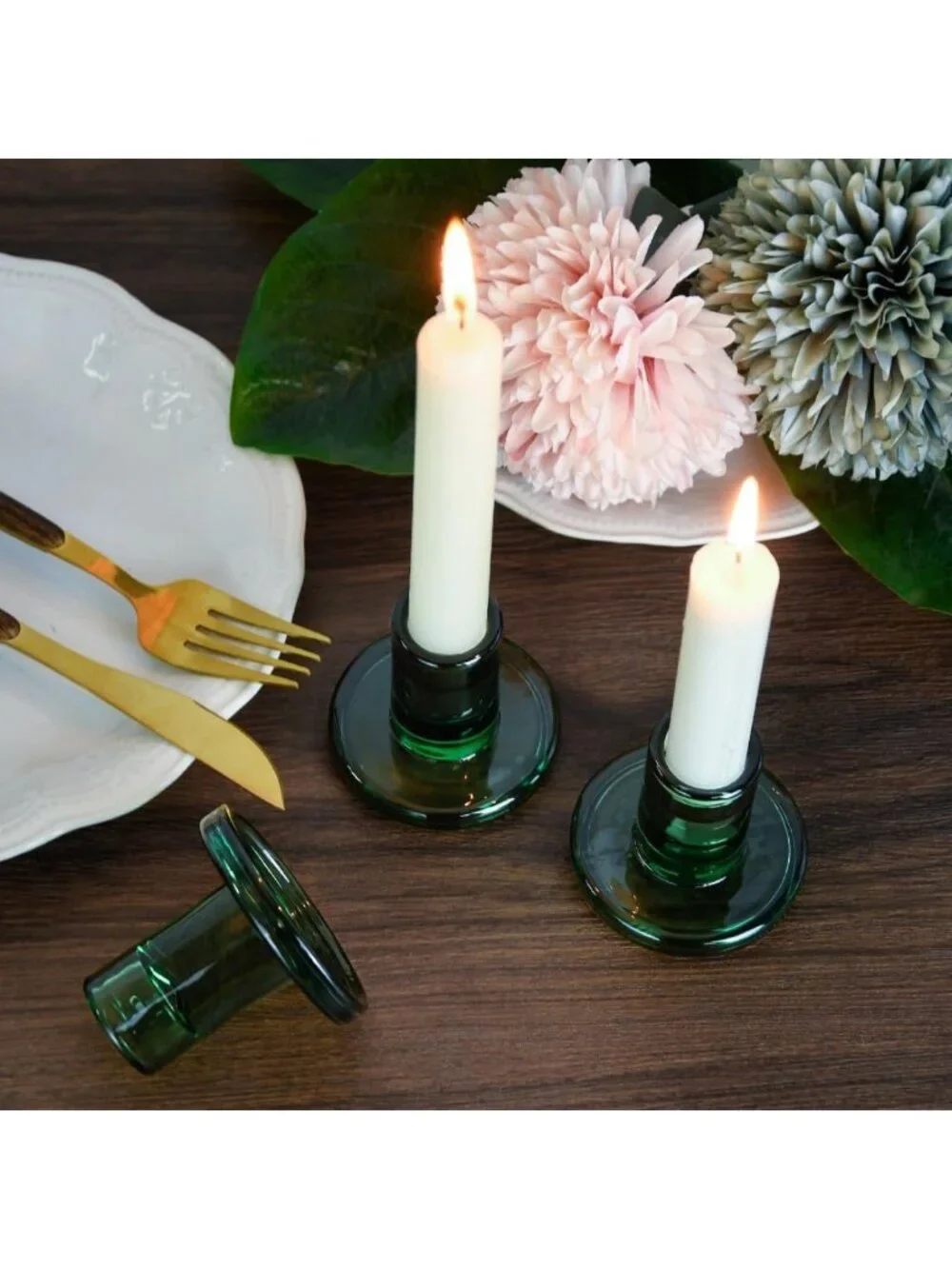 Set of 6 Short Green Glass Taper Candle Holders for 7/8
